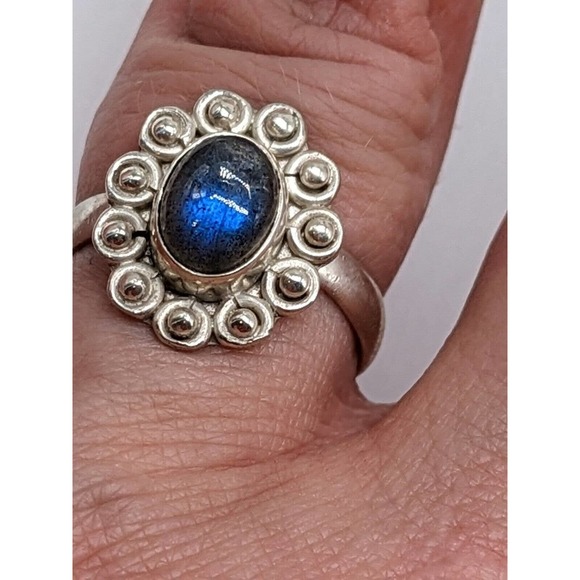 Sterling Silver Ring Size 7 Blue Fire Labradorite 925 Jewelry Flower Natural Cab - Picture 8 of 8
